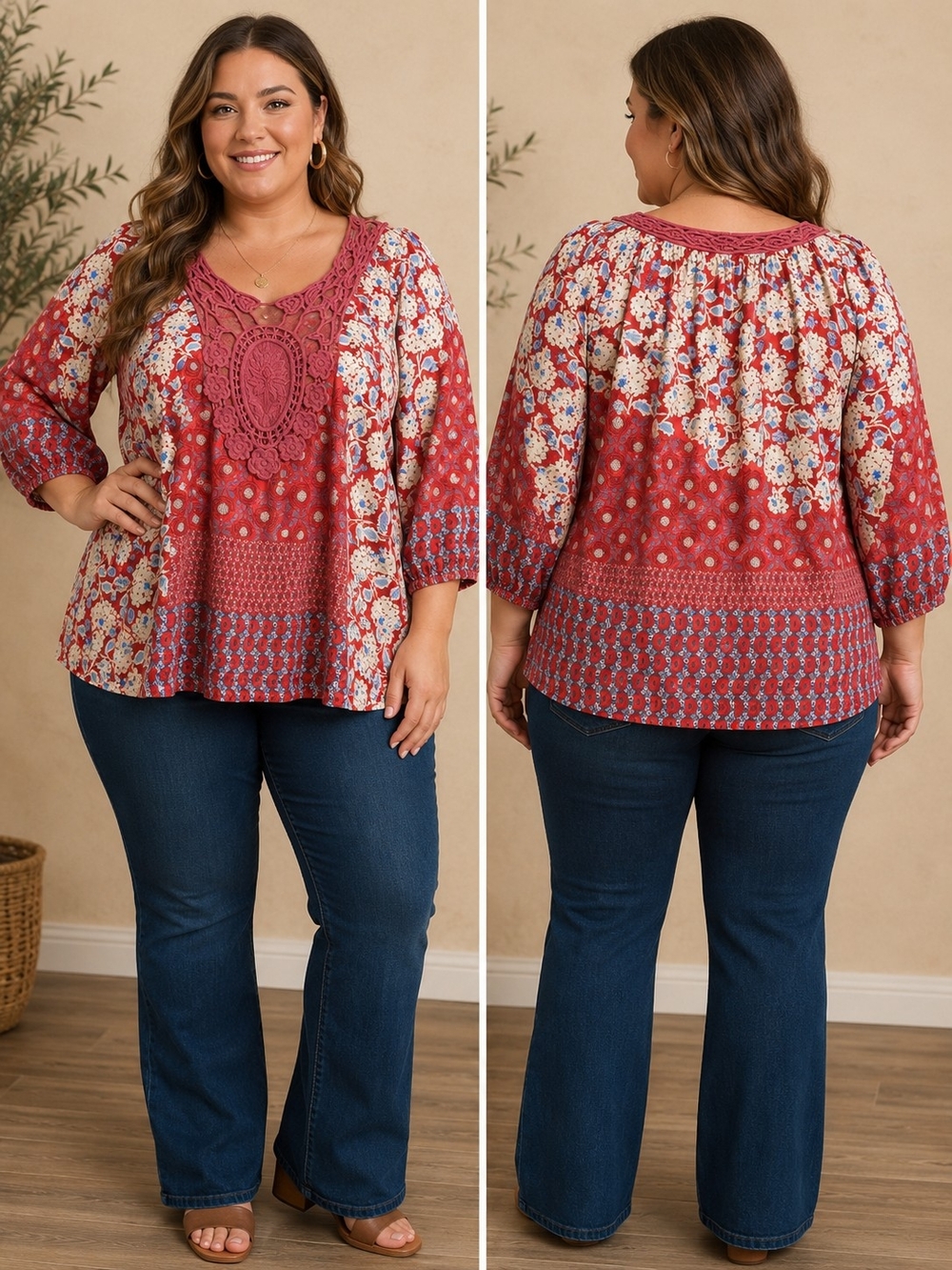 Johnny Was 1X Boho Floral Crochet Embroidered Peasant Blouse Tunic Top Plus Size